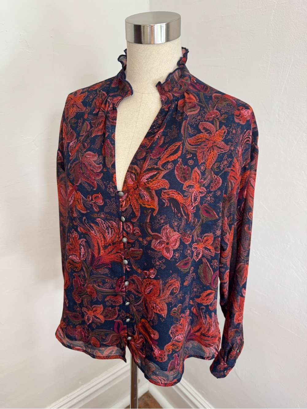 Pilcro Navy Paisley Floral Ruffle-Neck Blouse